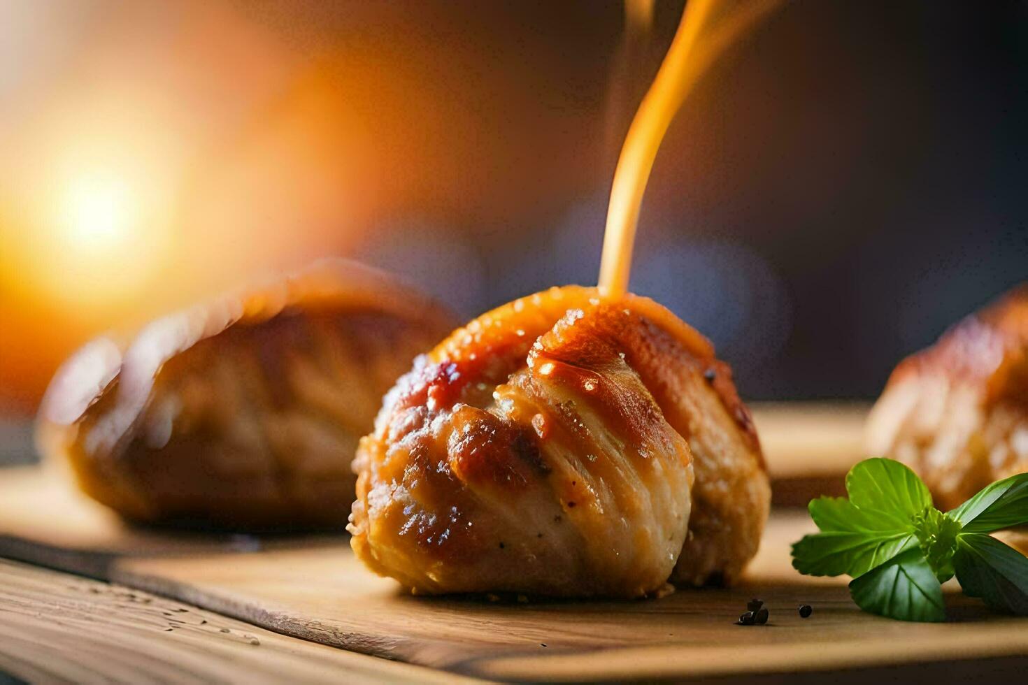 fechar acima do uma peça do carne ser cozinhou em uma de madeira borda. gerado por IA foto