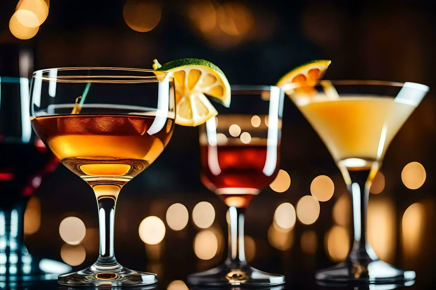 três diferente tipos do alcoólico bebidas estão mostrando. gerado por IA foto