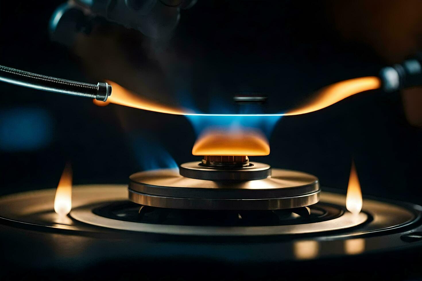 uma fechar acima do uma gás queimador em uma forno. gerado por IA foto
