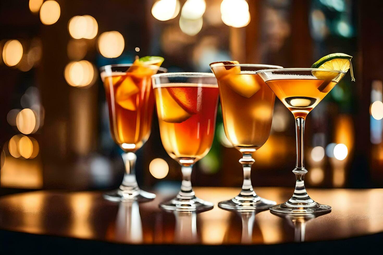 três diferente tipos do alcoólico bebidas em uma bar. gerado por IA foto