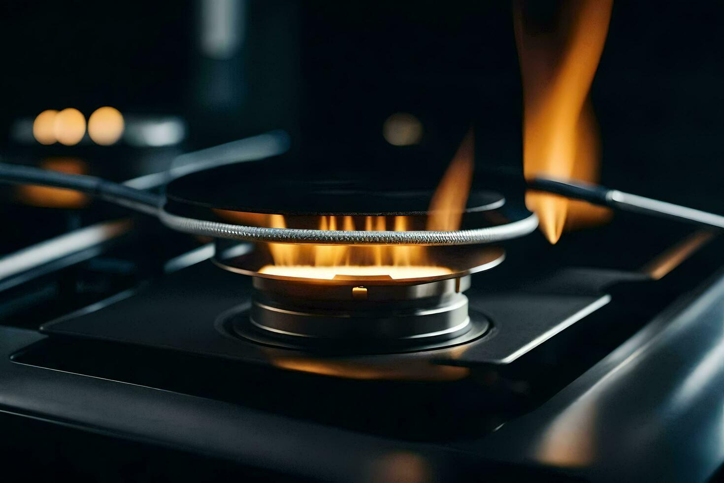 uma gás fogão com chamas em topo. gerado por IA foto
