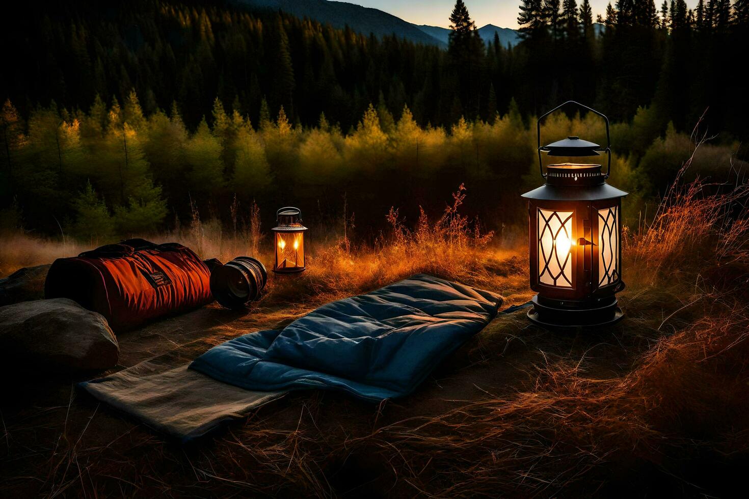 acampamento, a montanhas, a floresta, a noite, a estrelas, a céu, o. gerado por IA foto