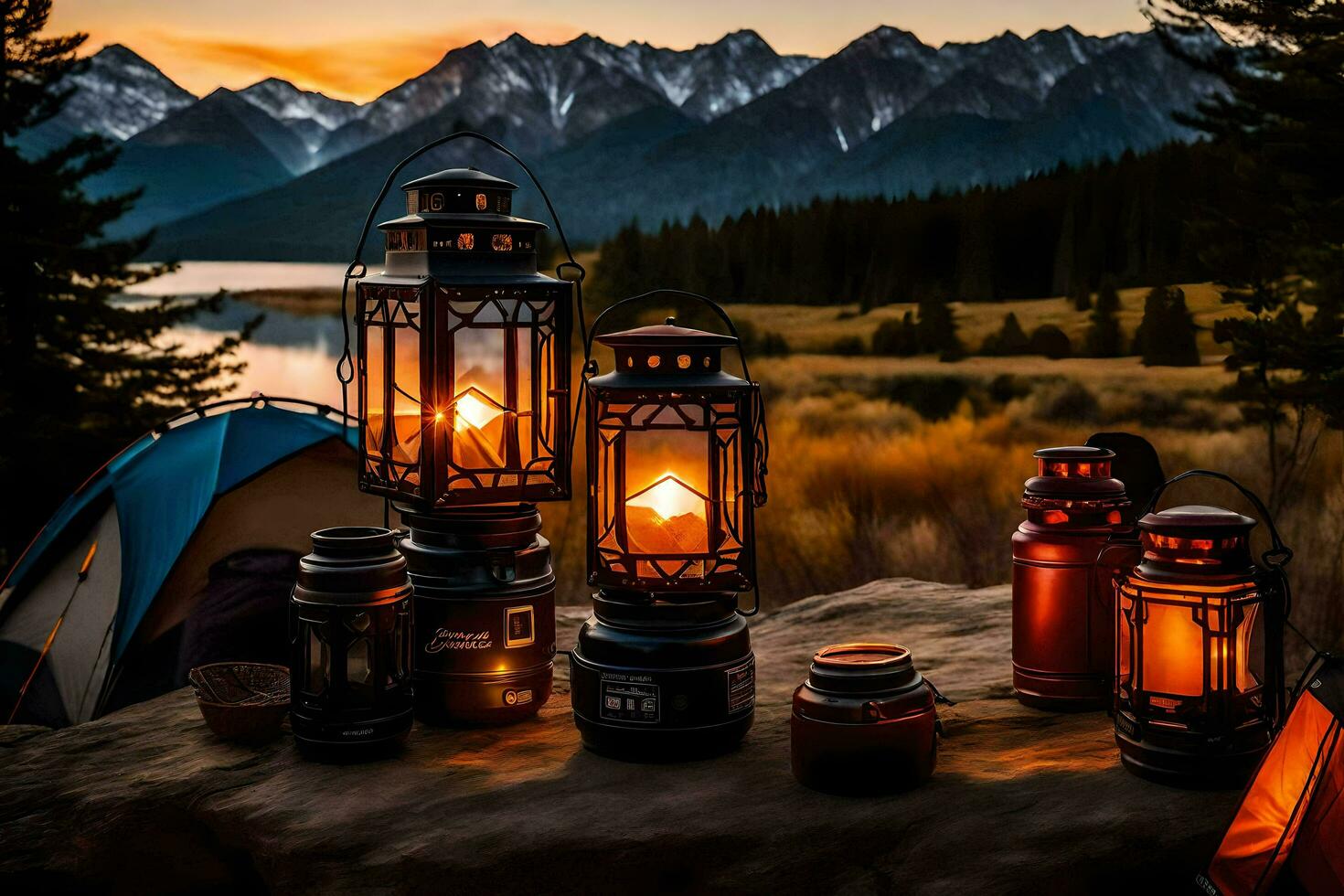 acampamento lanternas em uma montanha topo. gerado por IA foto