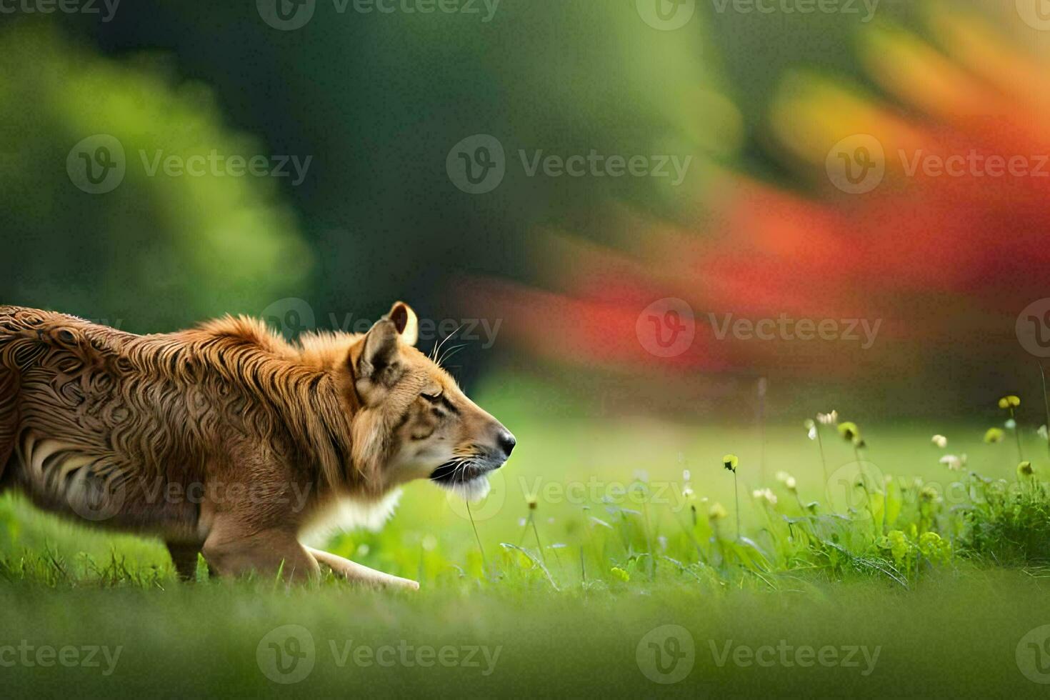uma leão caminhando através uma campo do verde grama. gerado por IA foto