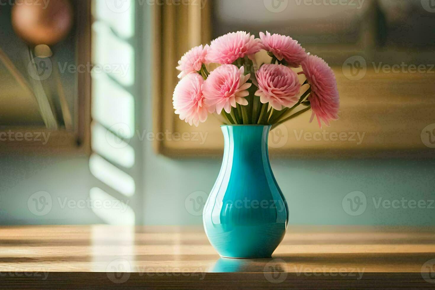 uma azul vaso com Rosa flores sentado em uma mesa. gerado por IA foto