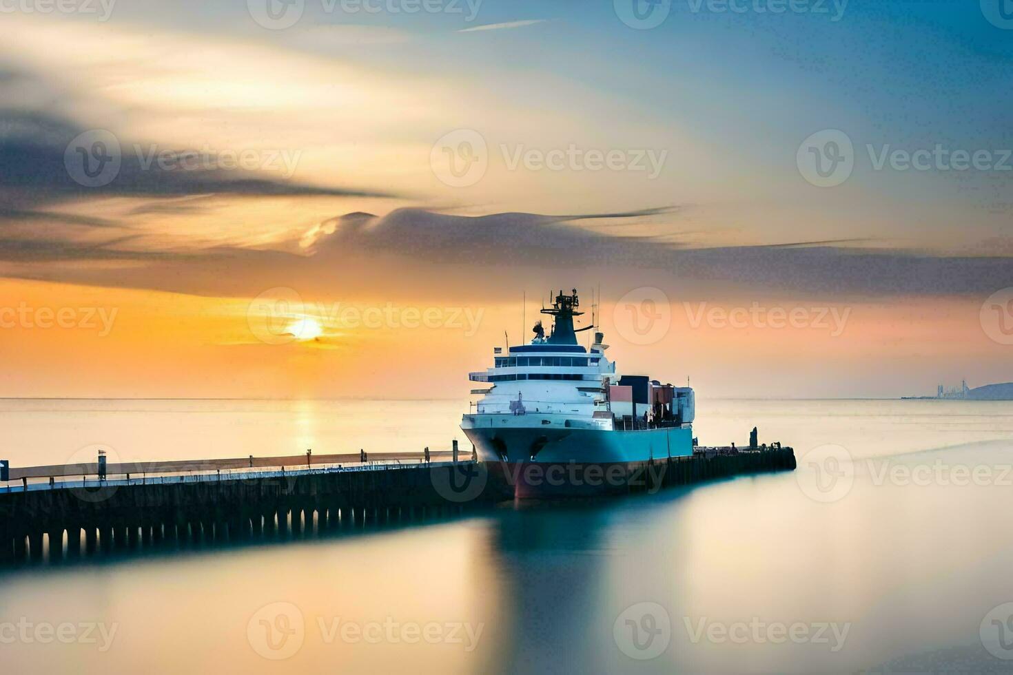 uma carga navio ancorado às a cais às pôr do sol. gerado por IA foto