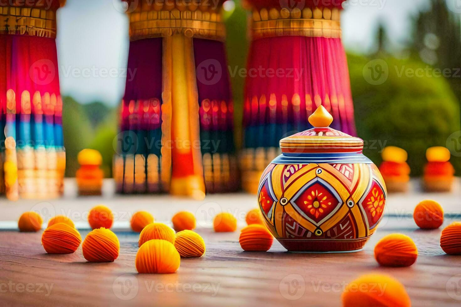 uma colorida Panela com laranja bolas em a chão. gerado por IA foto