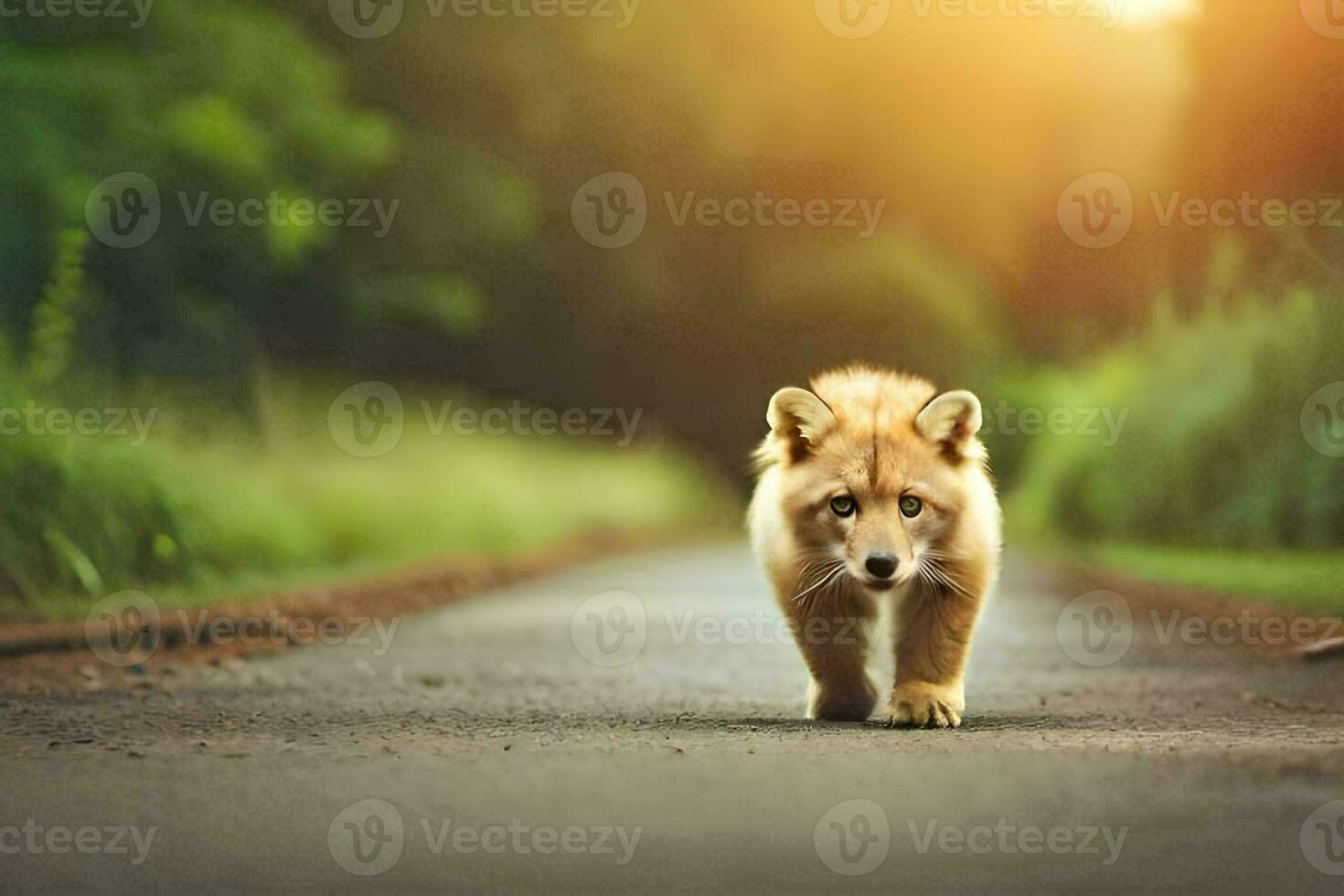 uma cachorro caminhando baixa uma estrada dentro a meio do a dia. gerado por IA foto