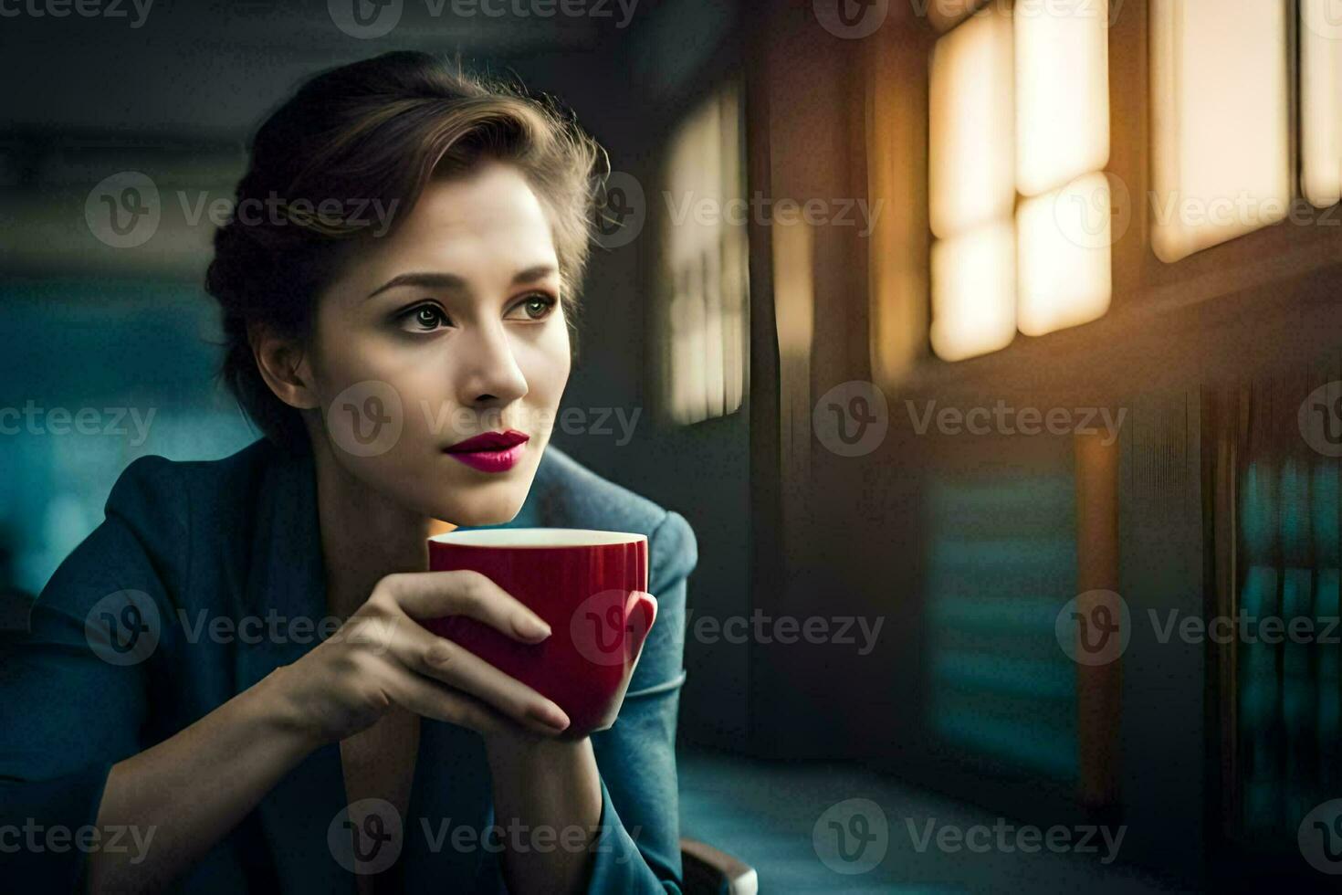 uma mulher é sentado dentro uma cafeteria com uma copo do café. gerado por IA foto