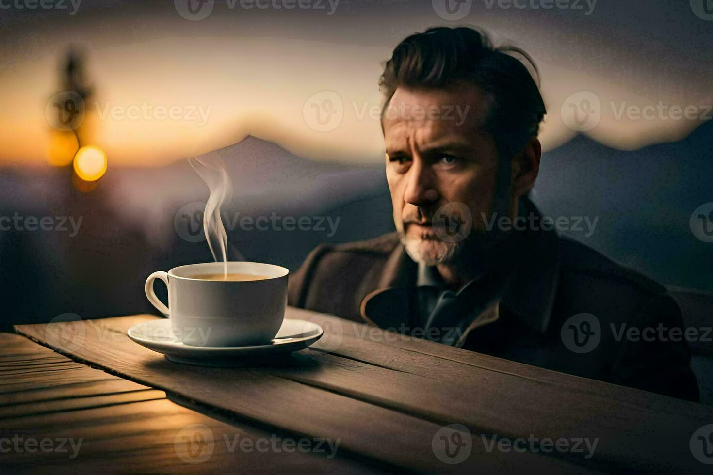 uma homem sentado às uma mesa com uma copo do café. gerado por IA foto