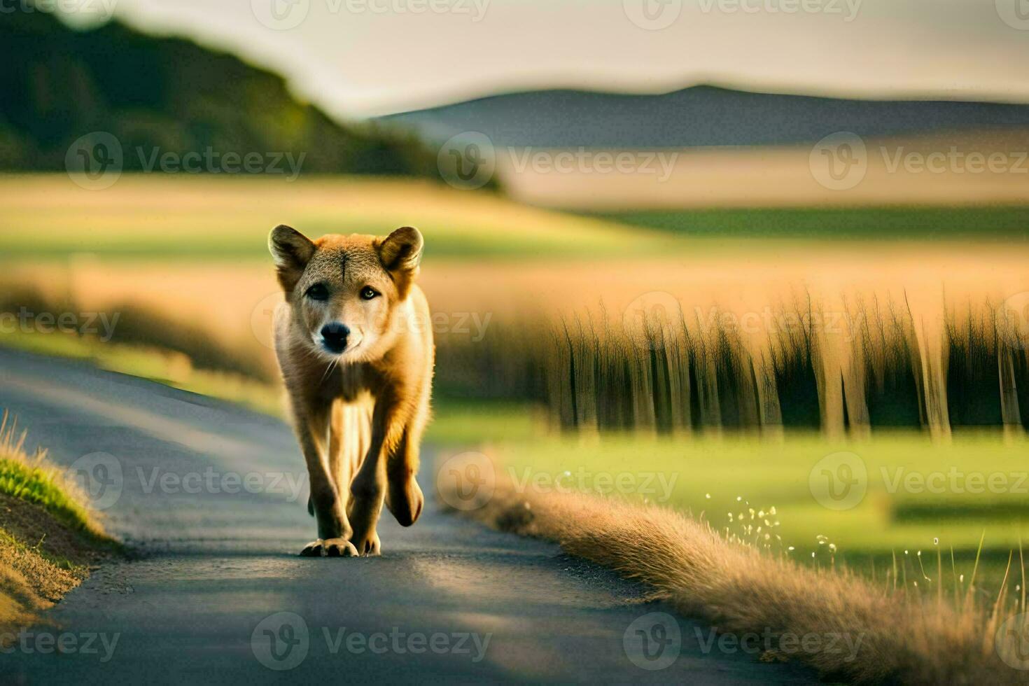 uma cachorro caminhando baixa uma estrada dentro uma campo. gerado por IA foto