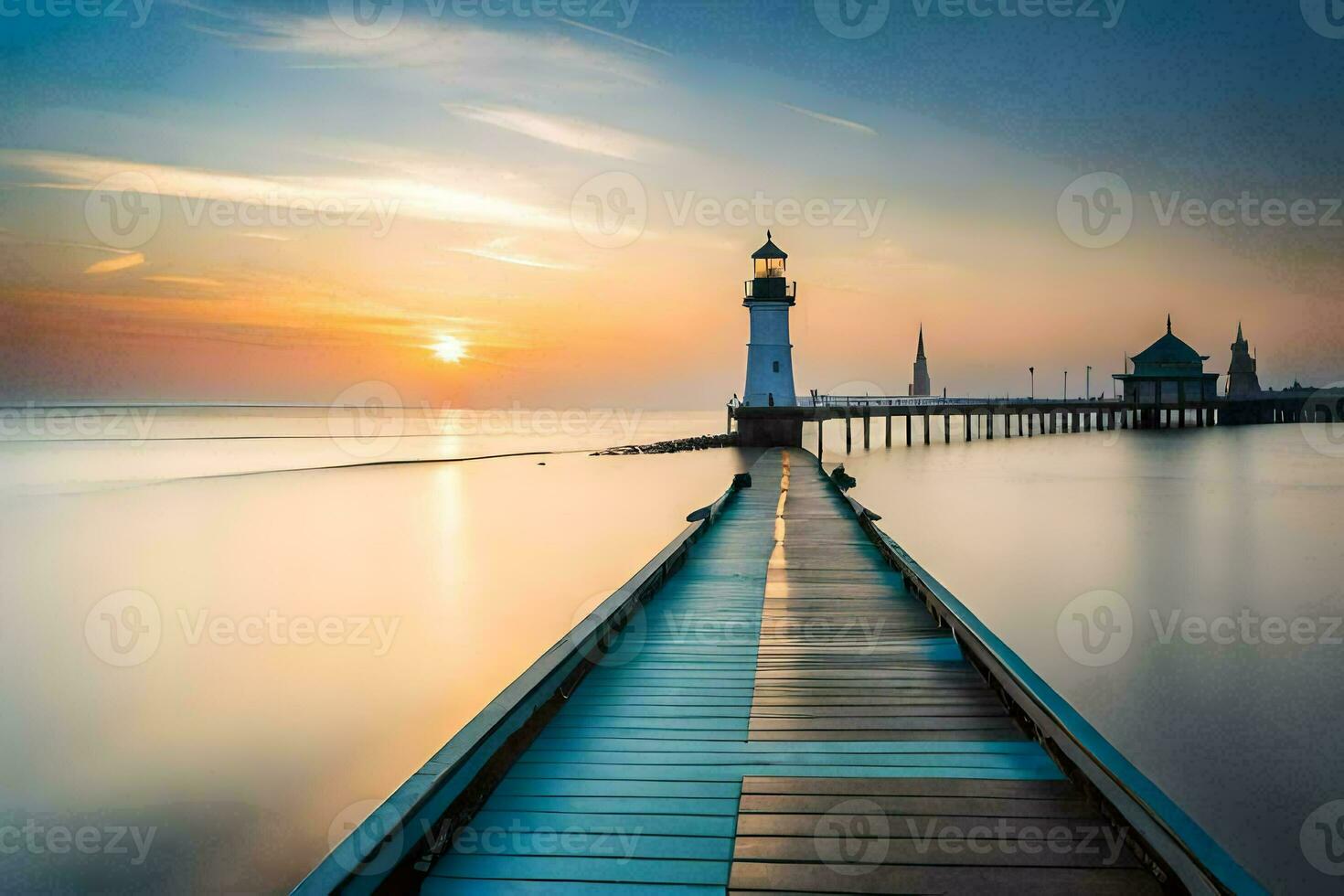 uma grandes exposição fotografia do uma farol às pôr do sol. gerado por IA foto