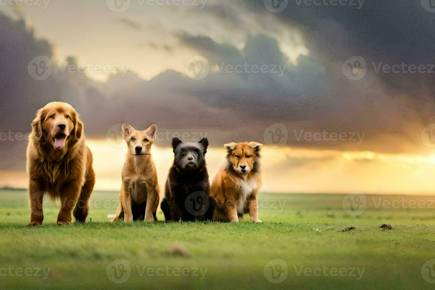 uma grupo do cachorros em pé dentro uma campo. gerado por IA foto