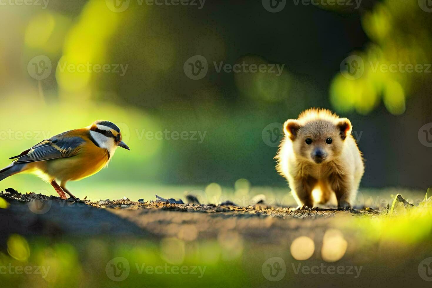 uma bebê pássaro e uma Urso caminhando em a estrada. gerado por IA foto