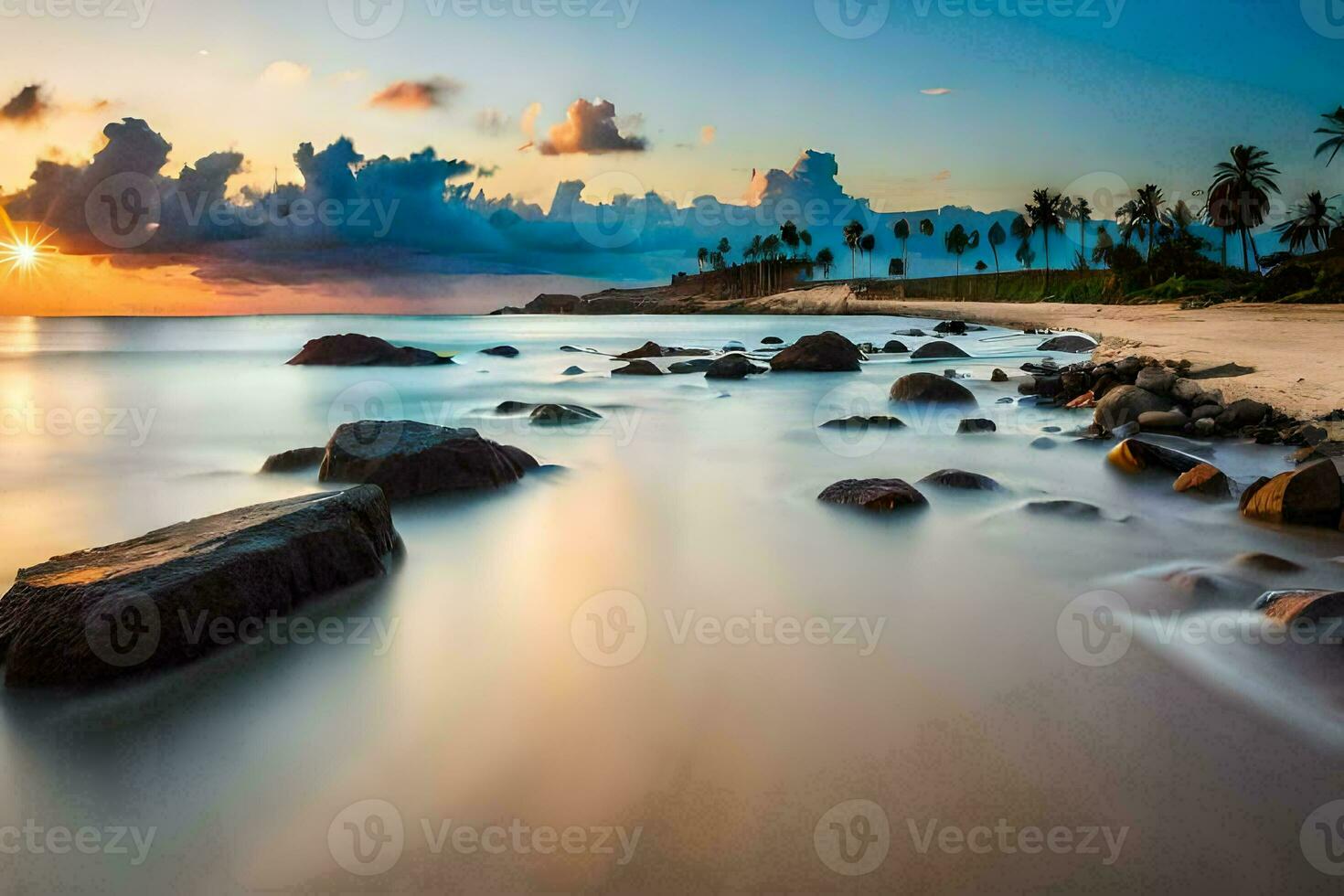 uma lindo pôr do sol sobre a oceano com pedras e Palma árvores gerado por IA foto