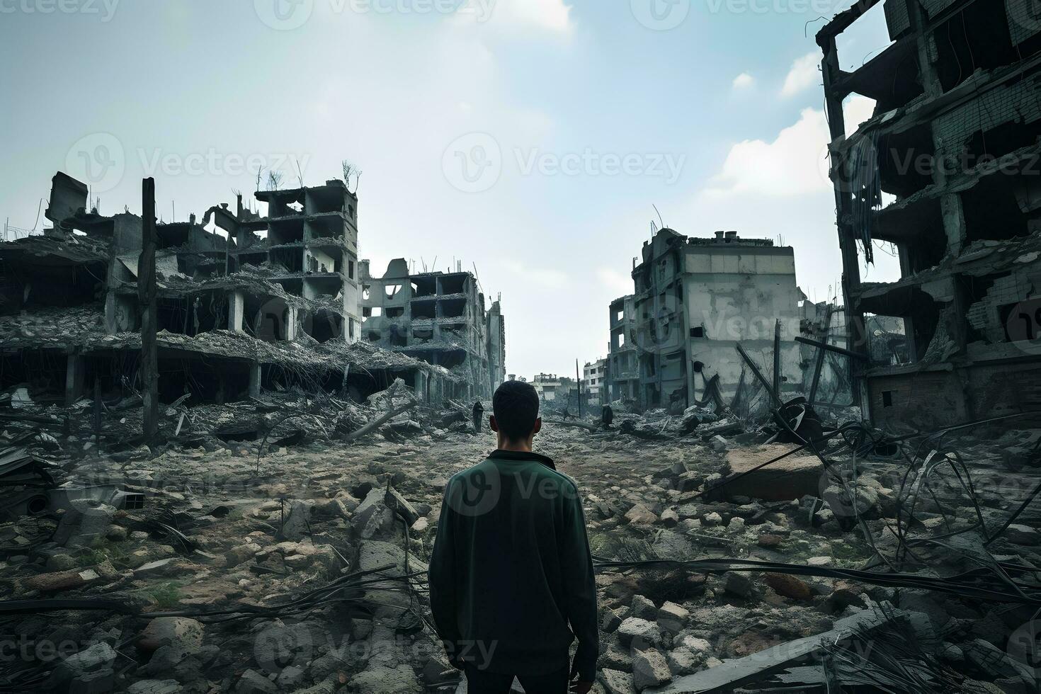 triste homem dentro destruído cidade durante guerra. foto
