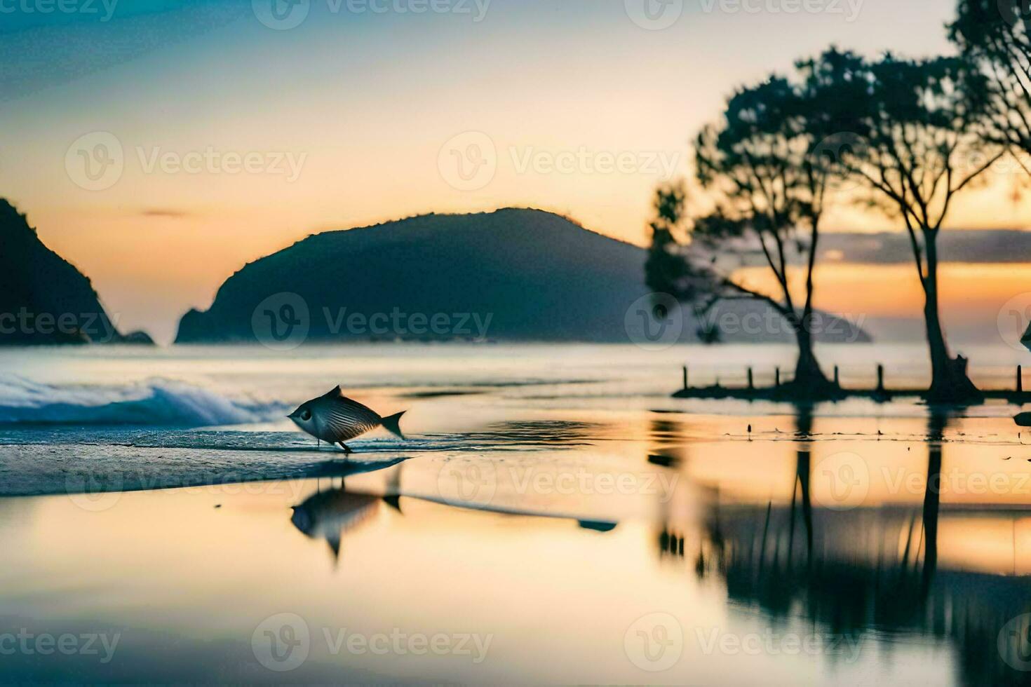 uma peixe é em pé em a de praia às pôr do sol. gerado por IA foto