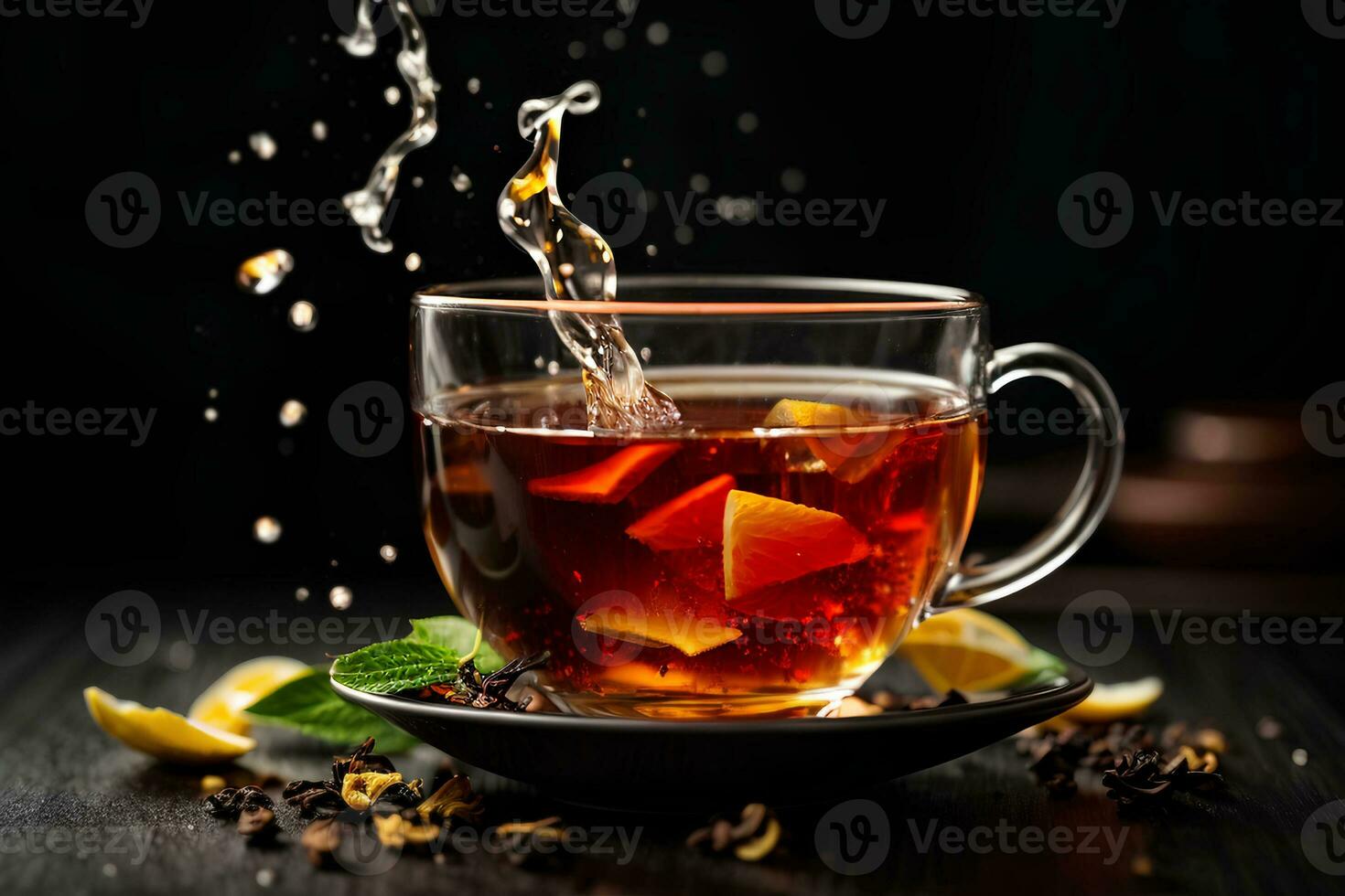 copo do chá com peças do limão em Sombrio fundo. comercial promocional Comida foto. ai generativo foto