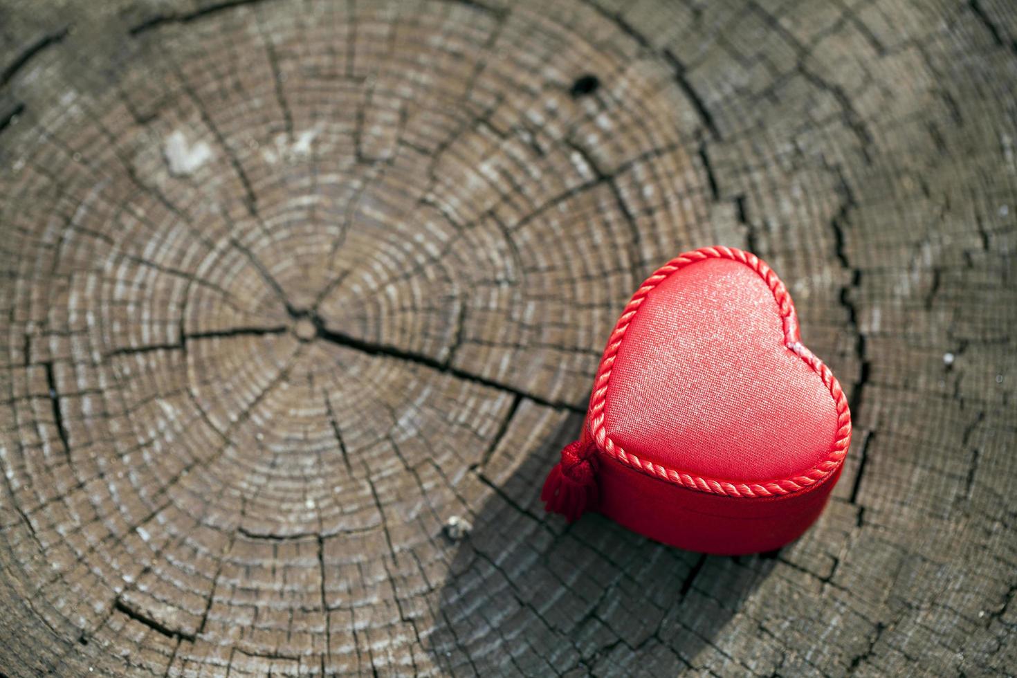 formato de coração de caixa de presente em tronco de madeira foto