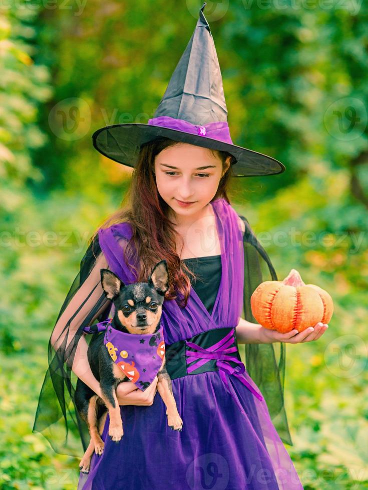 garota com uma fantasia de halloween com cachorro chihuahua na floresta. foto