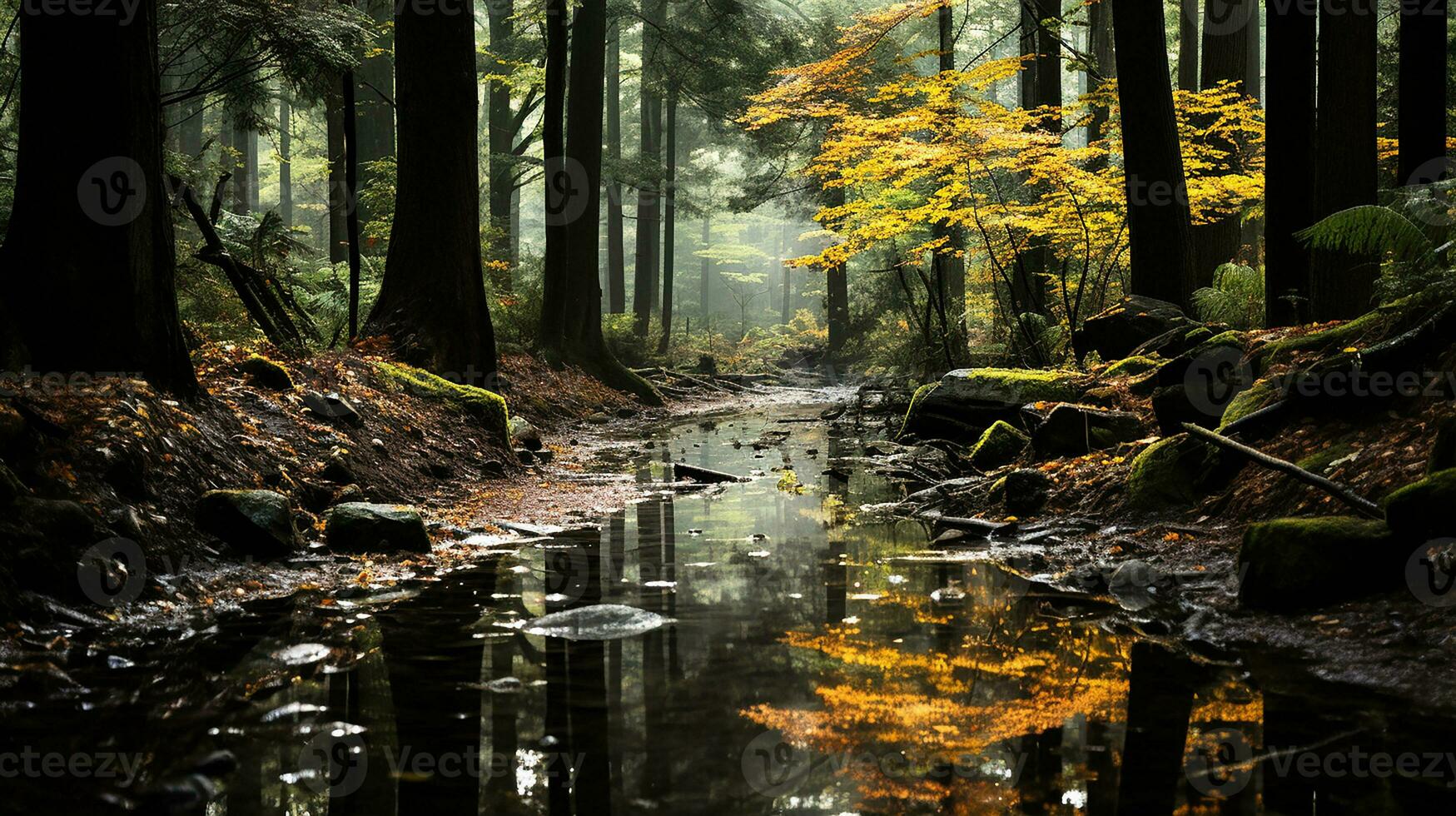 animê cenário do uma floresta com uma corrente do água e azul