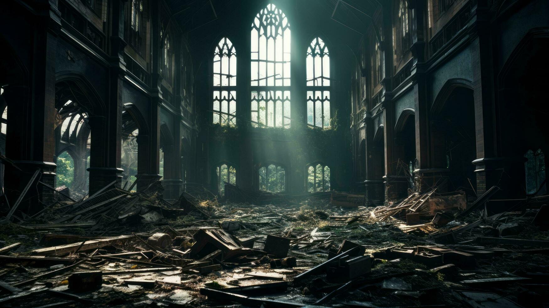 a abandonado Igreja com quebrado janelas e detritos ai generativo foto