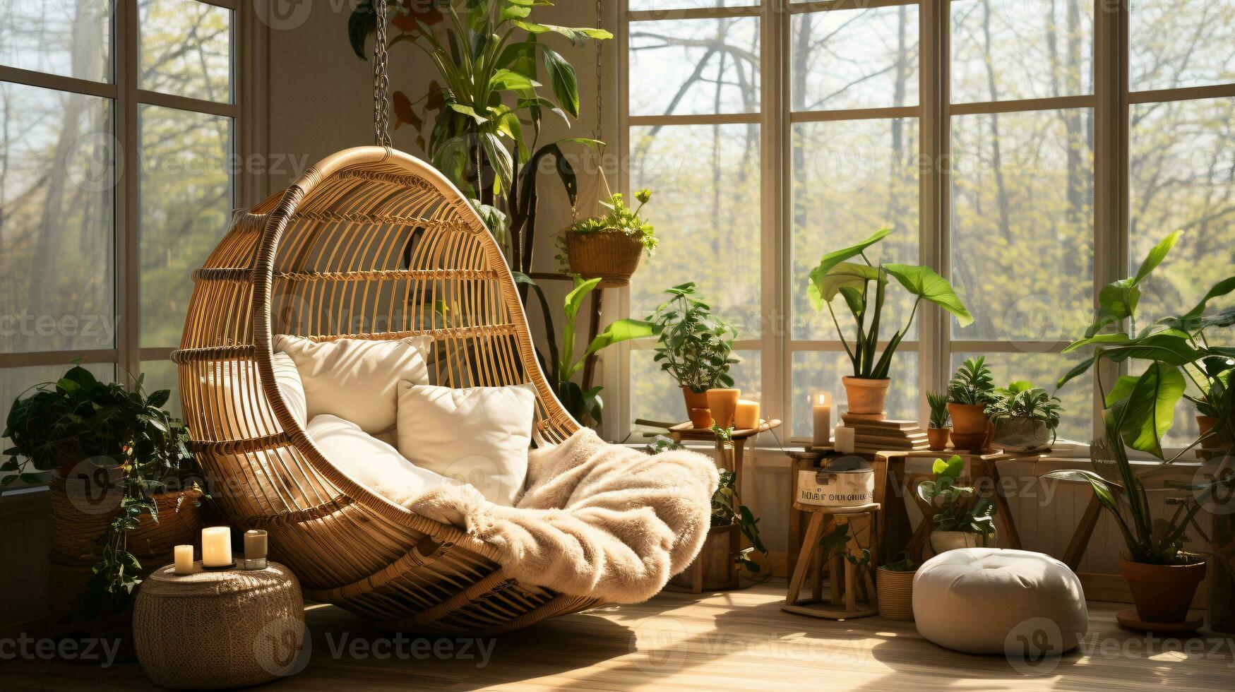 vintage boho interior quarto Projeto cheio de plantas boêmio cena para inspirado interior brincar arte dentro autêntico ambiente, gerado por IA foto