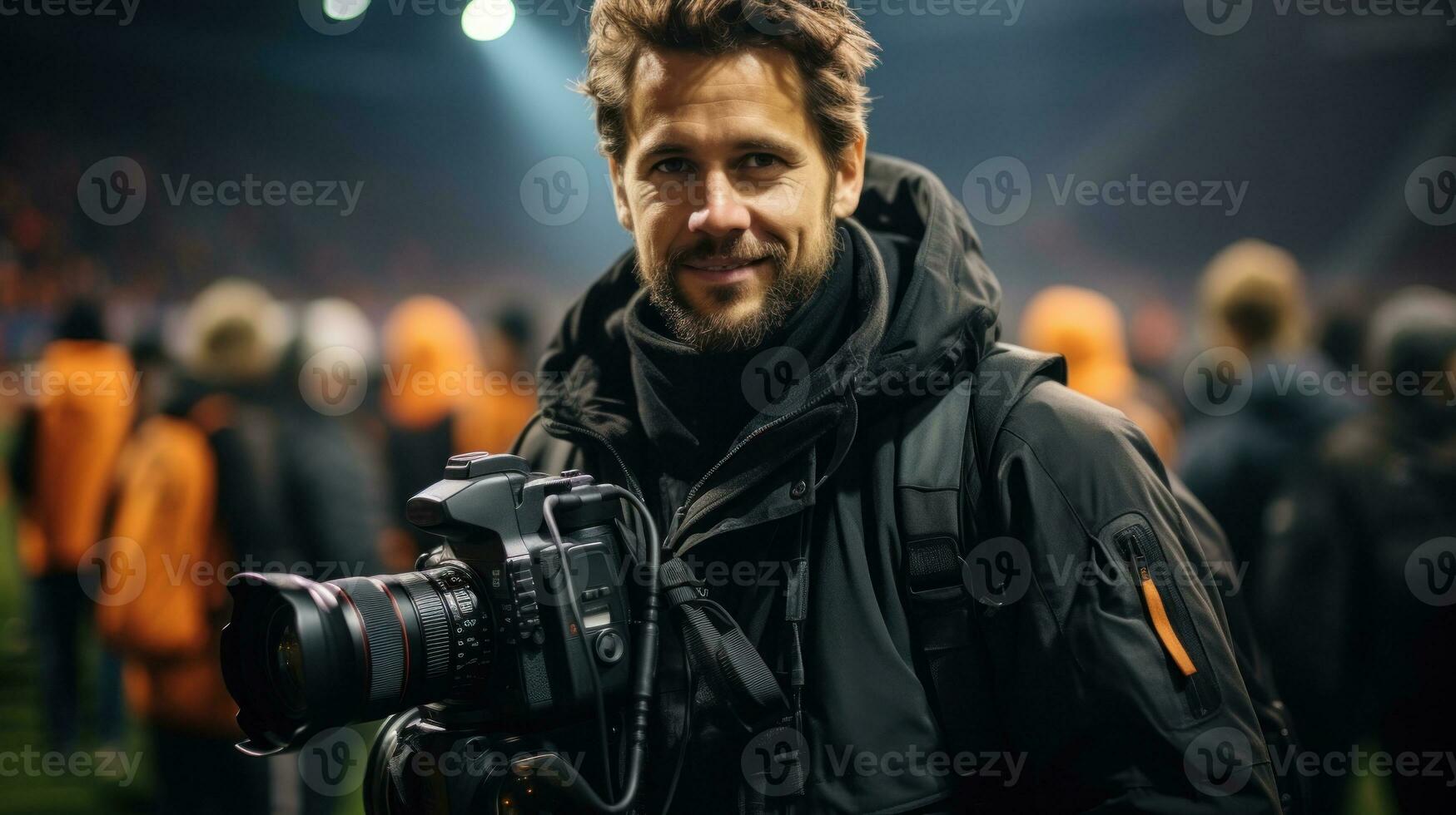 retrato do uma profissional fotógrafo em a fundo do a estádio. foto