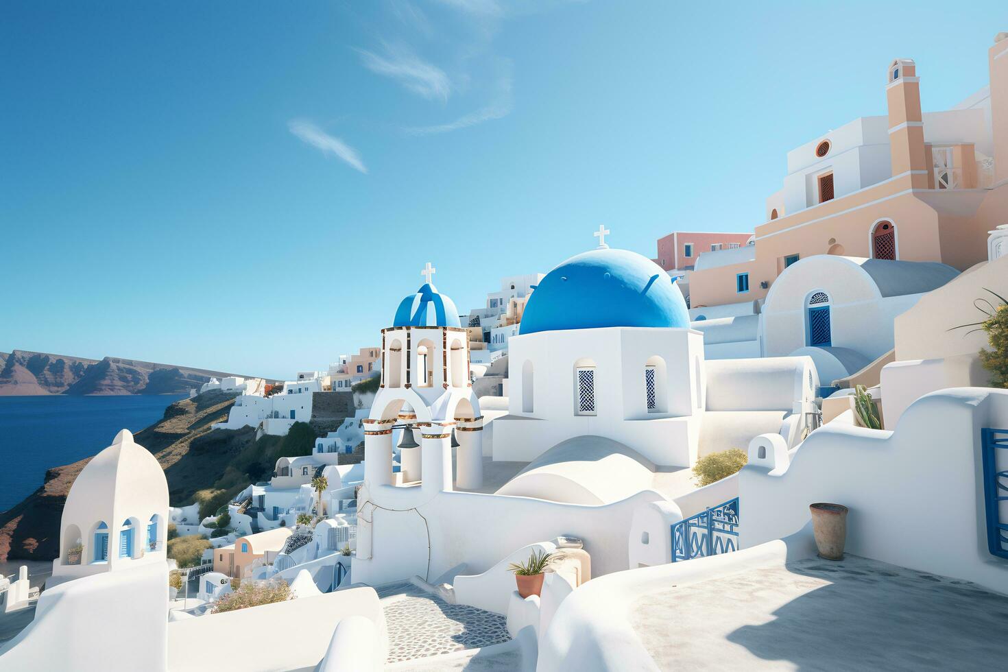 Alto ângulo Visão do santorini de a oceano generativo ai foto