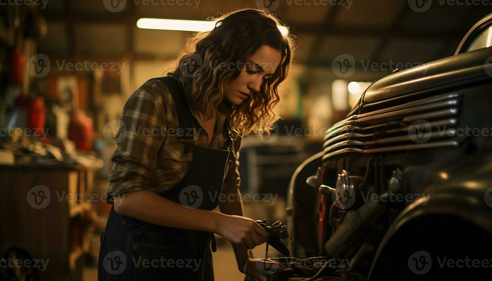 fêmea mecânico reparação uma vintage carro generativo ai foto