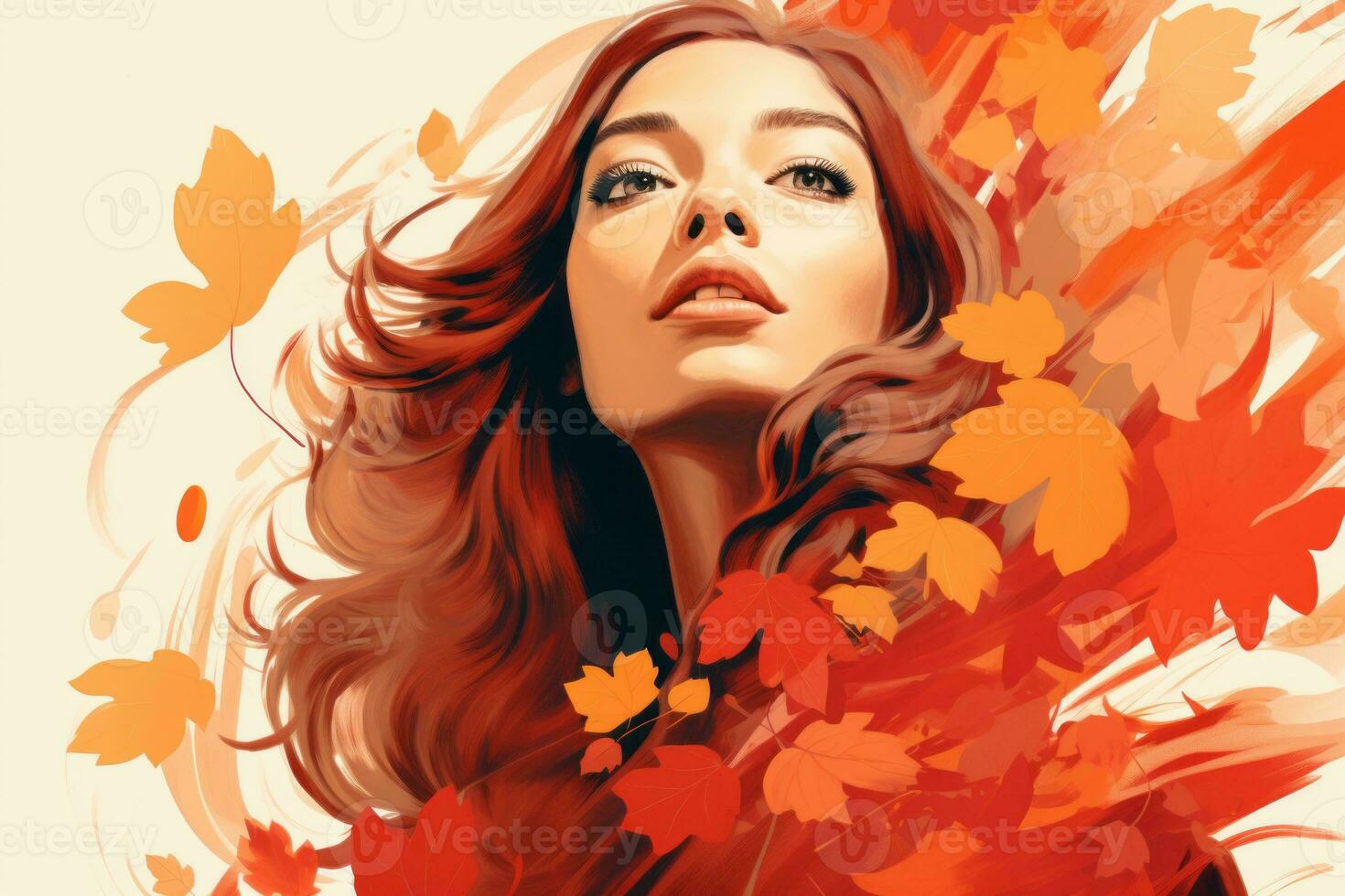 uma lindo mulher com vermelho cabelo é cercado de outono folhas generativo ai foto