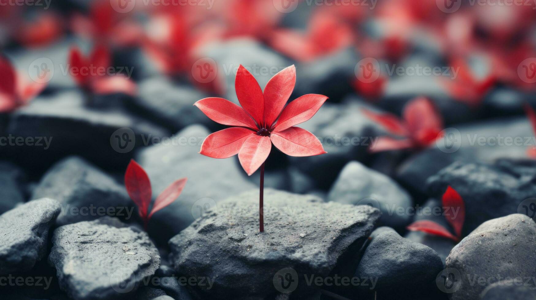 uma solteiro vermelho flor crescendo Fora do uma pilha do pedras generativo ai foto