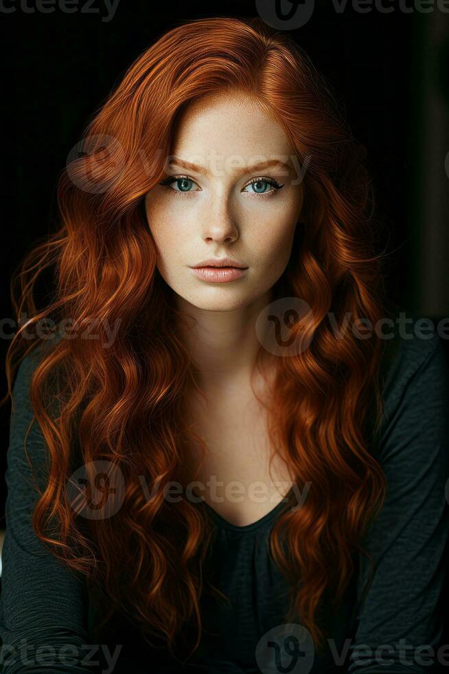 uma mulher com grandes vermelho cabelo generativo ai foto