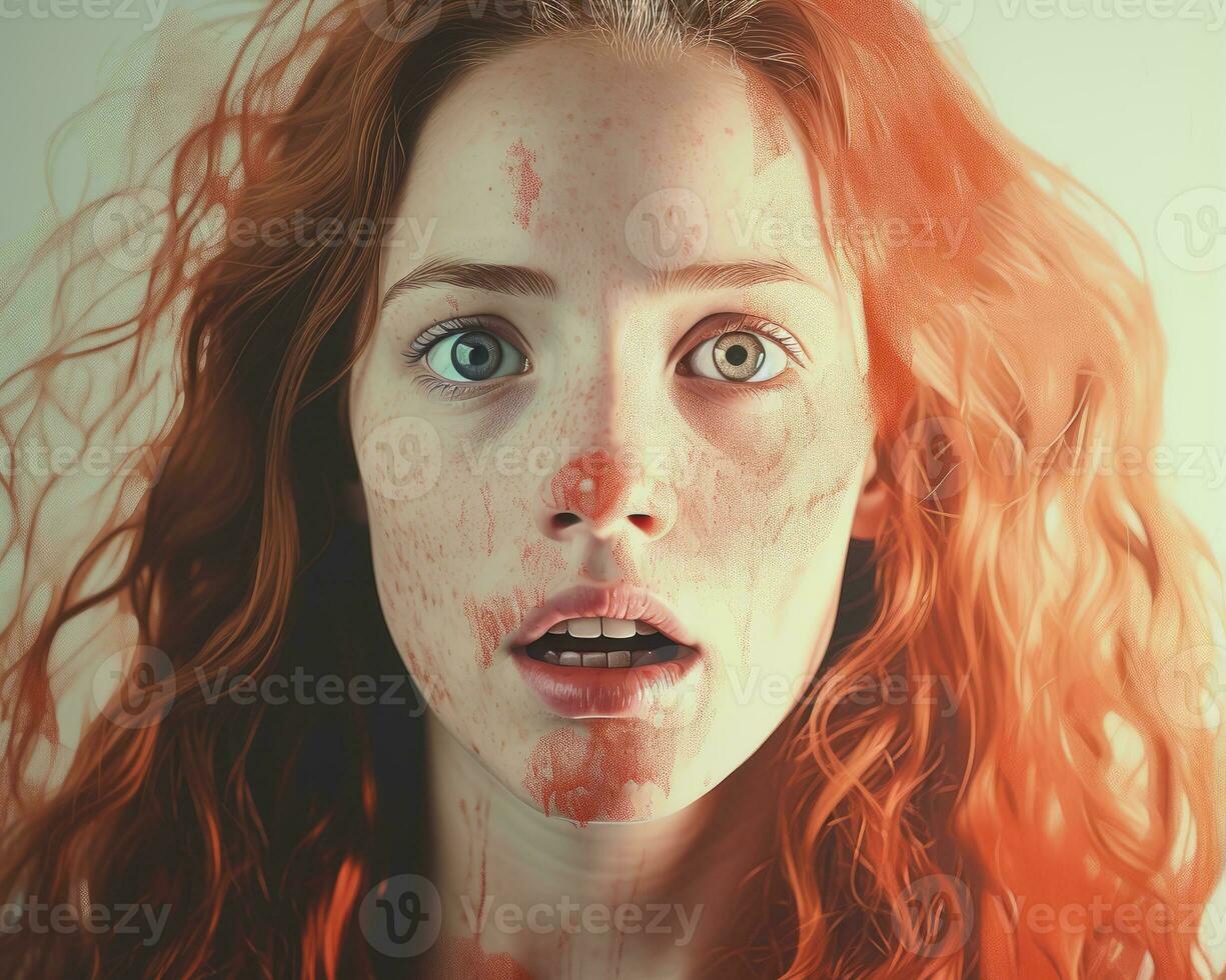 uma mulher com vermelho cabelo e sangue em dela face generativo ai foto
