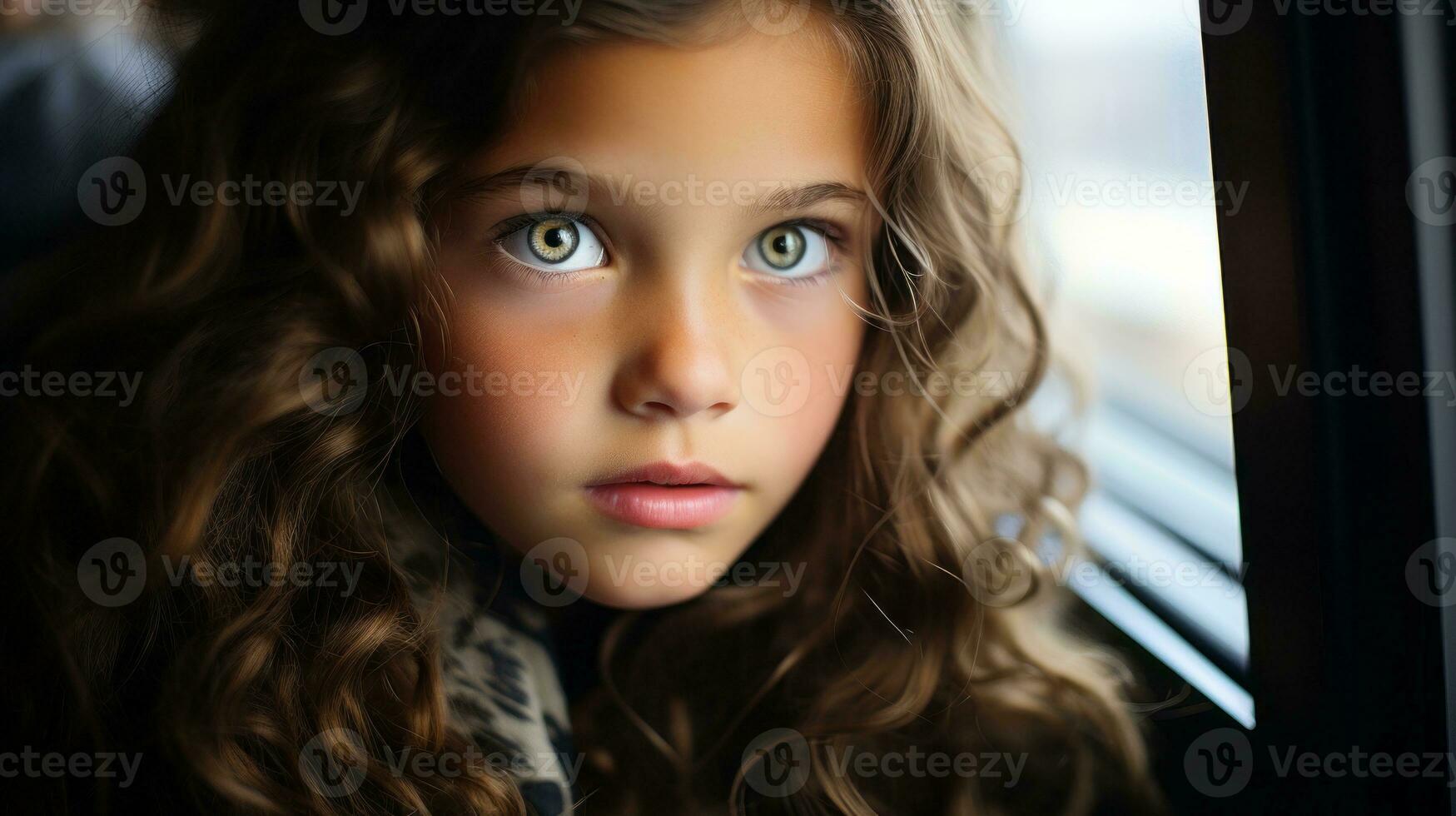 uma jovem menina olhando Fora a janela do uma trem generativo ai foto