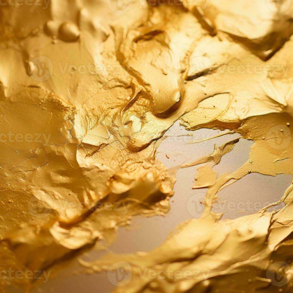 uma fechar acima do ouro pintura esparramado em uma superfície generativo ai foto
