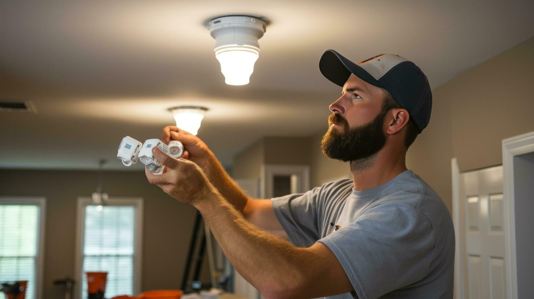 eletricista instalando Novo luz luminárias dentro uma casa foto