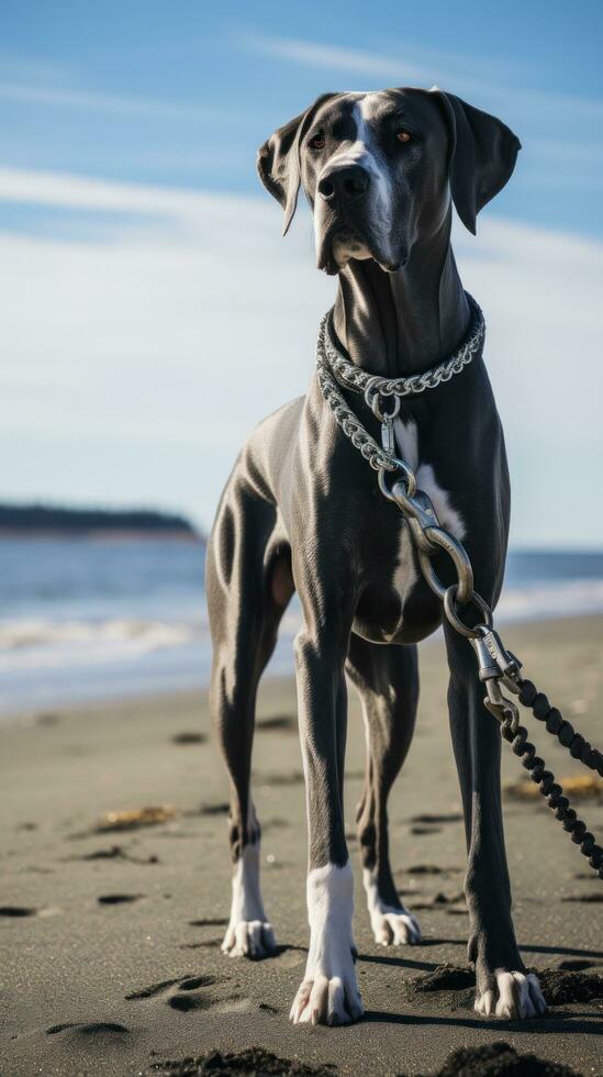 uma majestoso ótimo dinamarquês em pé em uma de praia com uma Preto trela foto