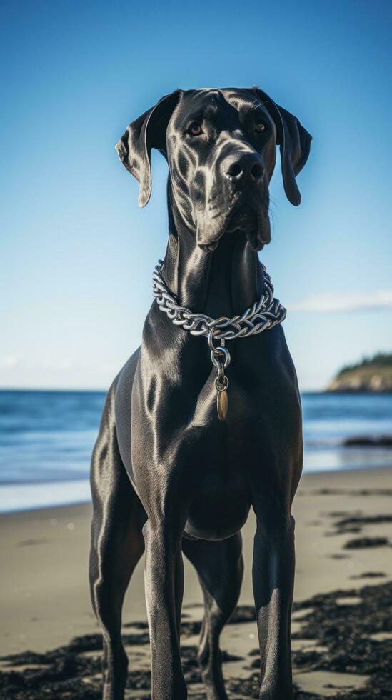 uma majestoso ótimo dinamarquês em pé em uma de praia com uma Preto trela foto