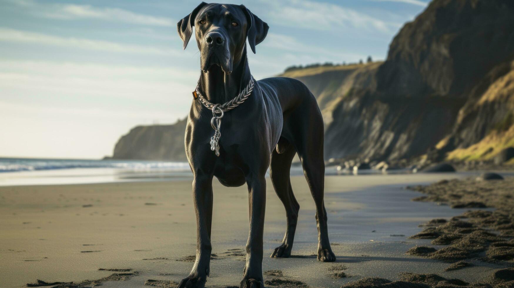 uma majestoso ótimo dinamarquês em pé em uma de praia com uma Preto trela foto