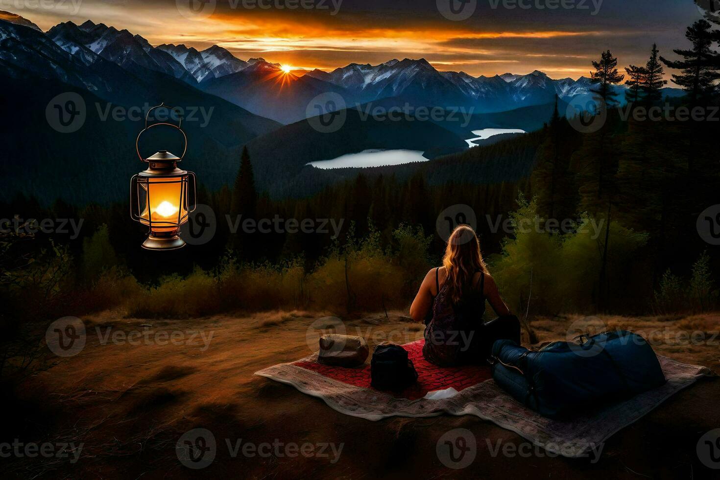 uma mulher senta em uma cobertor dentro frente do uma lanterna dentro a montanhas. gerado por IA foto