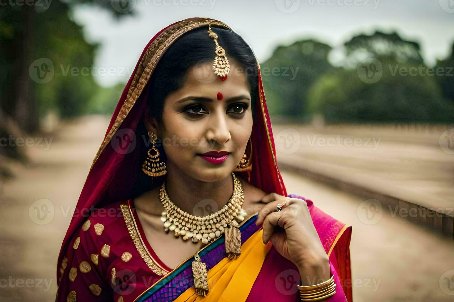 uma mulher dentro tradicional indiano vestuário poses para uma retrato. gerado por IA foto