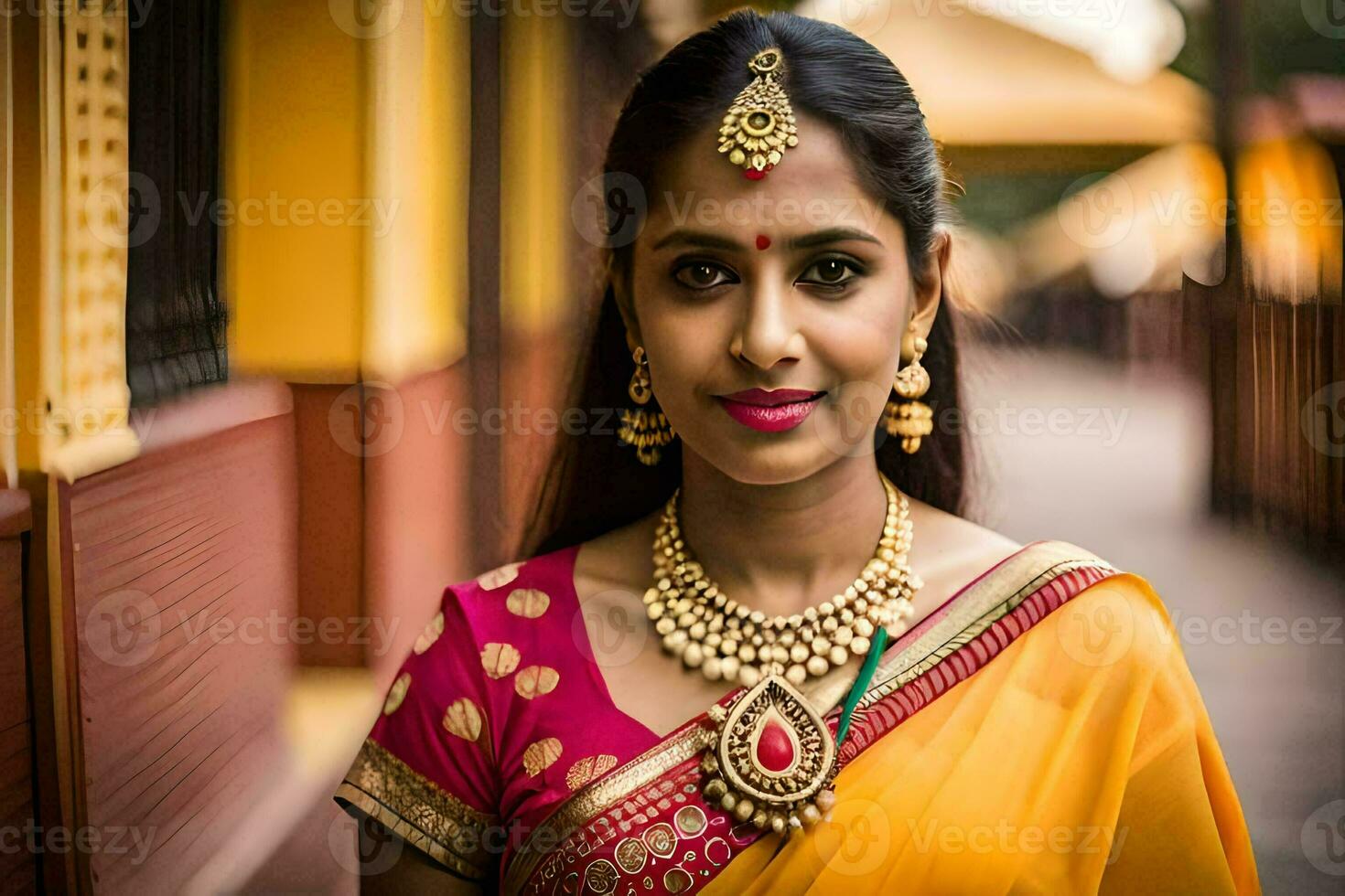 uma lindo indiano mulher vestindo uma tradicional sári. gerado por IA foto