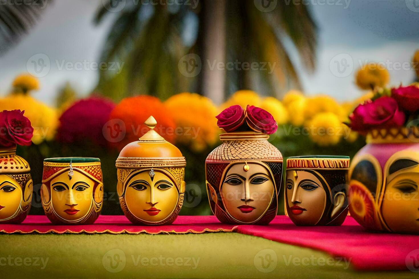 uma grupo do colorida vasos com rostos em eles. gerado por IA foto