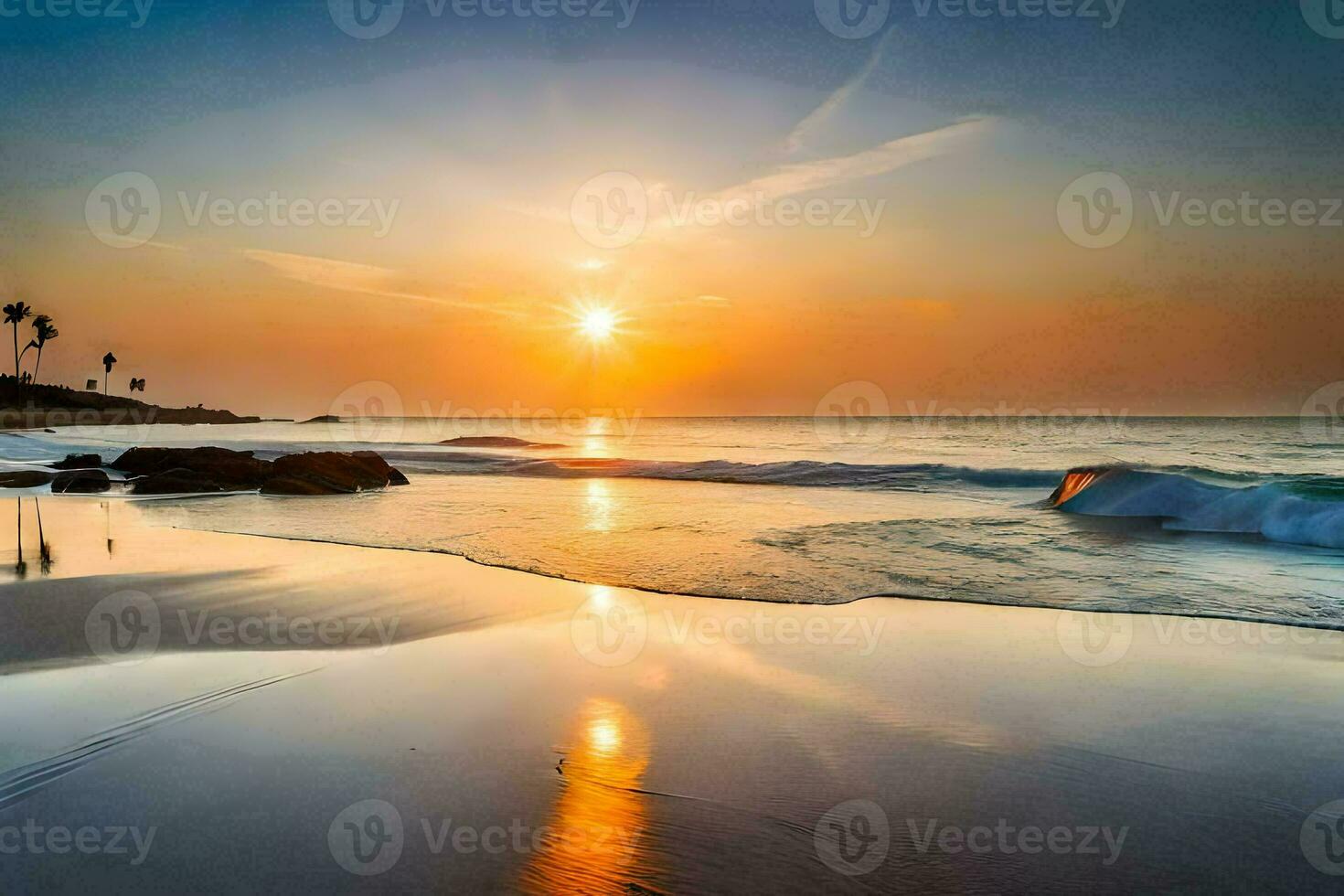 a Sol sobe sobre a oceano e a ondas. gerado por IA foto