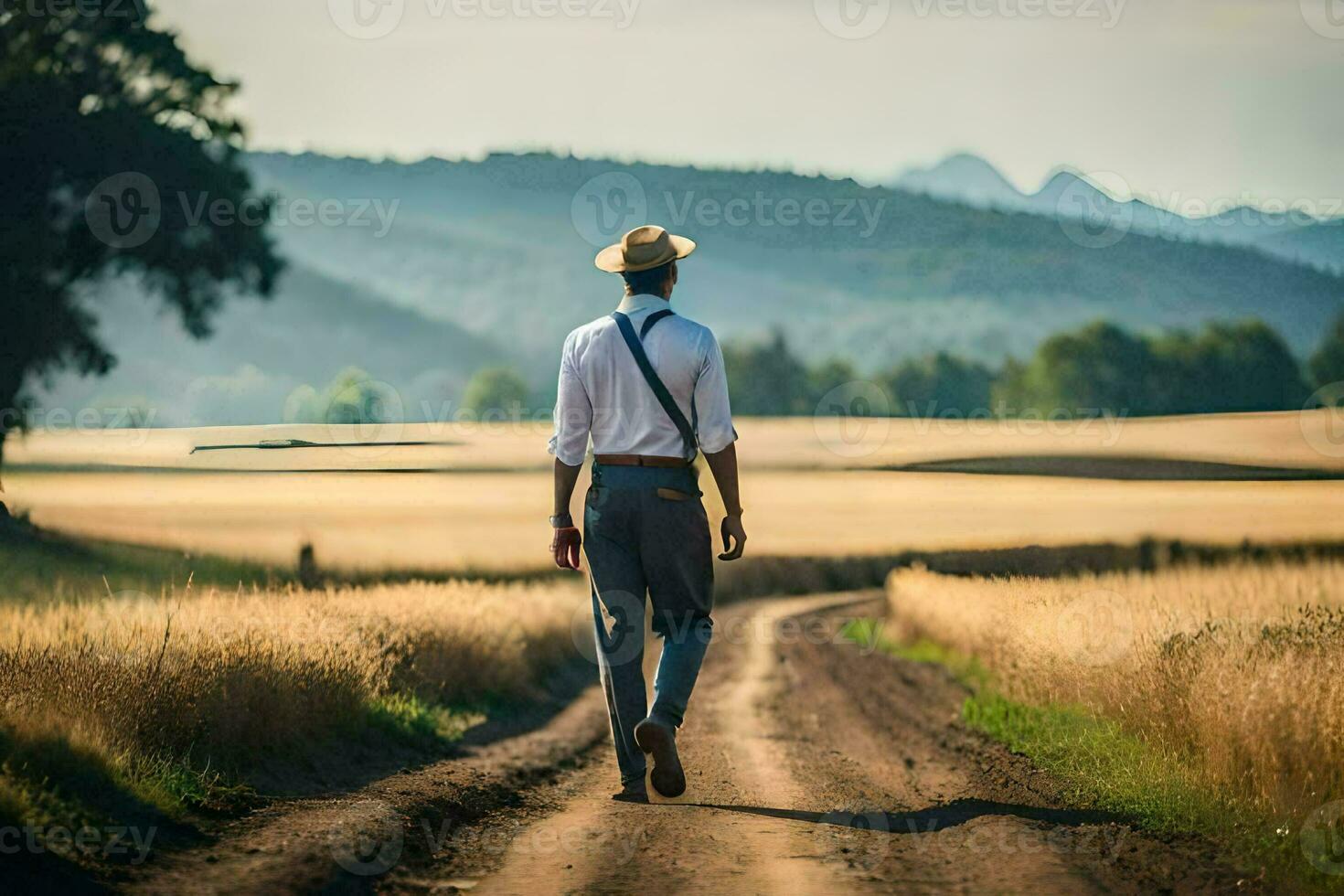 uma homem dentro uma chapéu e branco camisa caminhando baixa uma sujeira estrada. gerado por IA foto