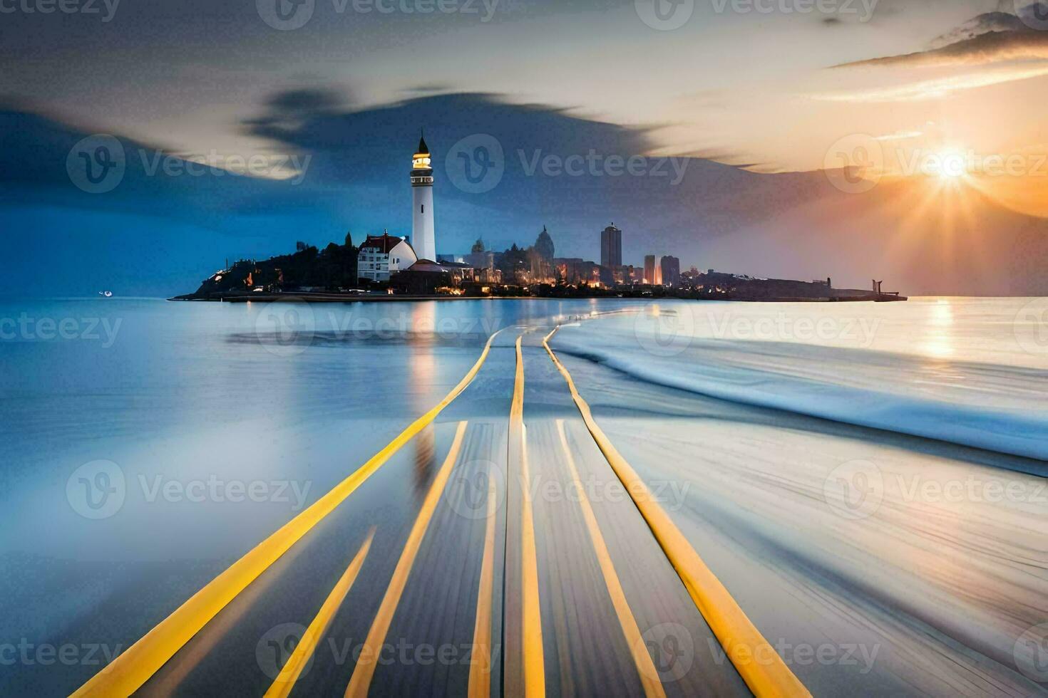 uma grandes exposição fotografia do uma farol em a água. gerado por IA foto