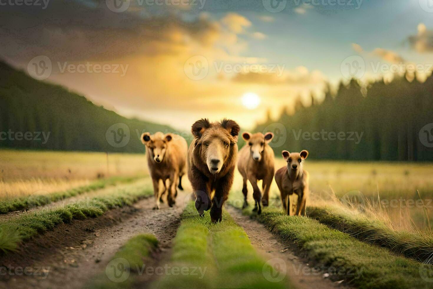 uma grupo do Castanho ursos caminhando em uma sujeira estrada. gerado por IA foto