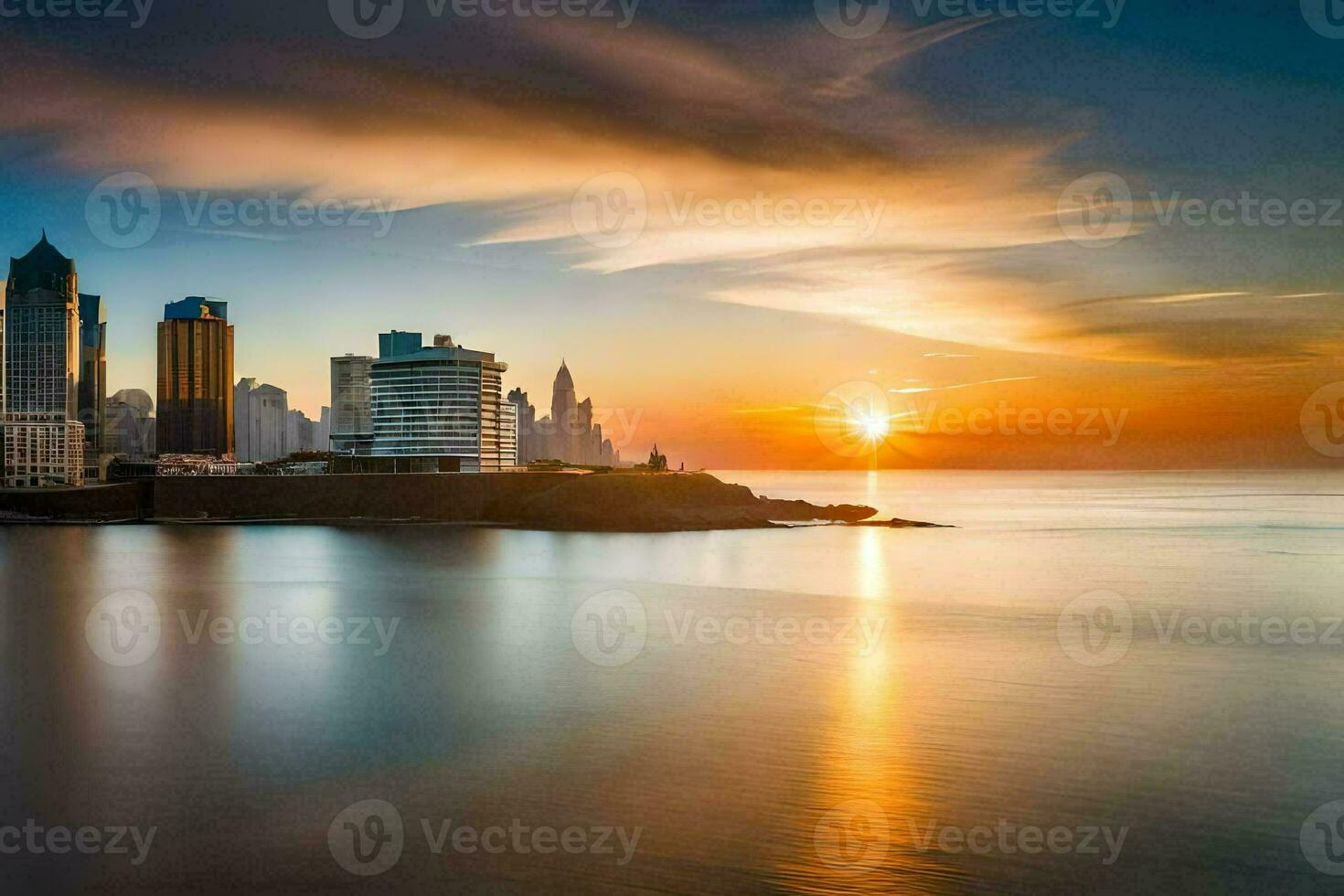 a Sol sobe sobre a cidade Horizonte dentro isto foto. gerado por IA foto