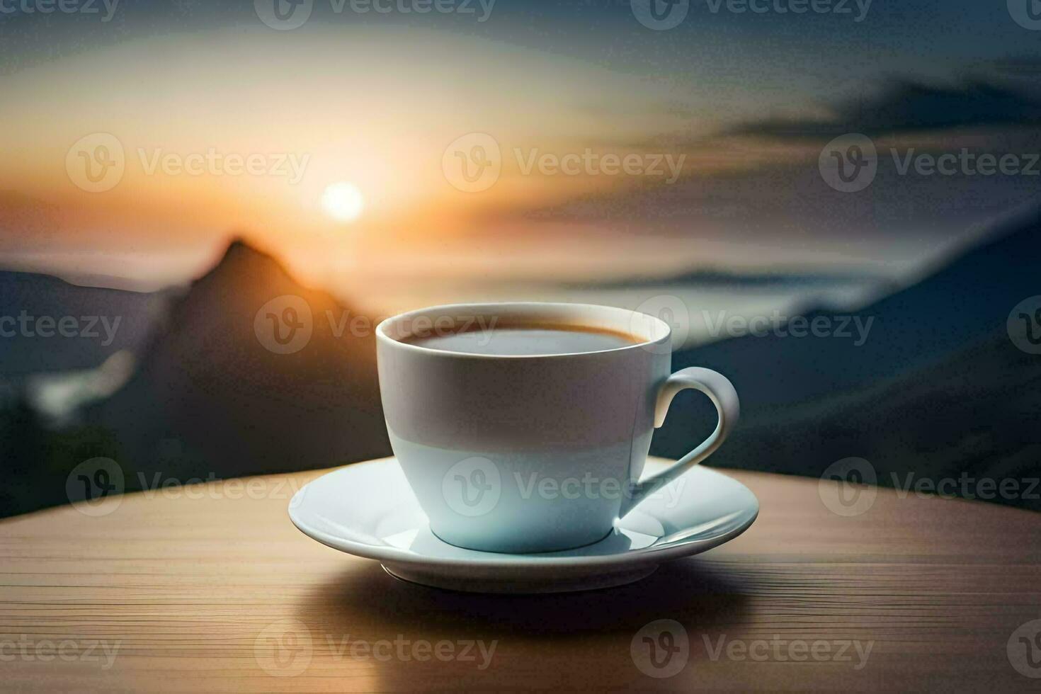 café copo em a mesa com a Sol configuração sobre a montanhas. gerado por IA foto